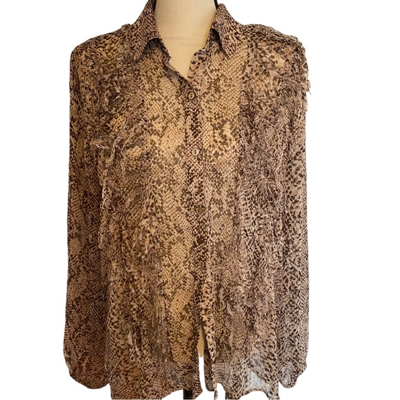Chicos Womens Long Sleeve Blouse (12) elastic around wrist animal print sheer - Picture 1 of 9